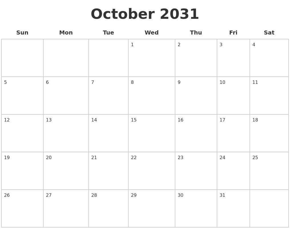 October 2031 Blank Calendar Pages
