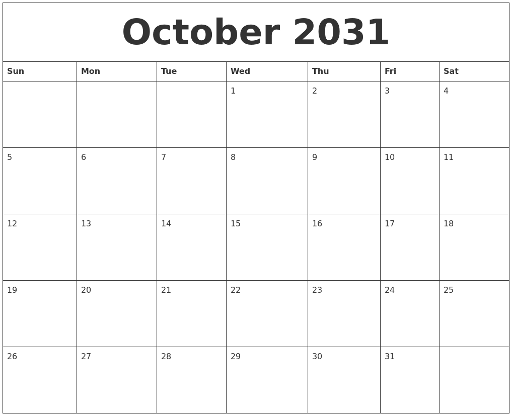 October 2031 Blank Calendar Printable