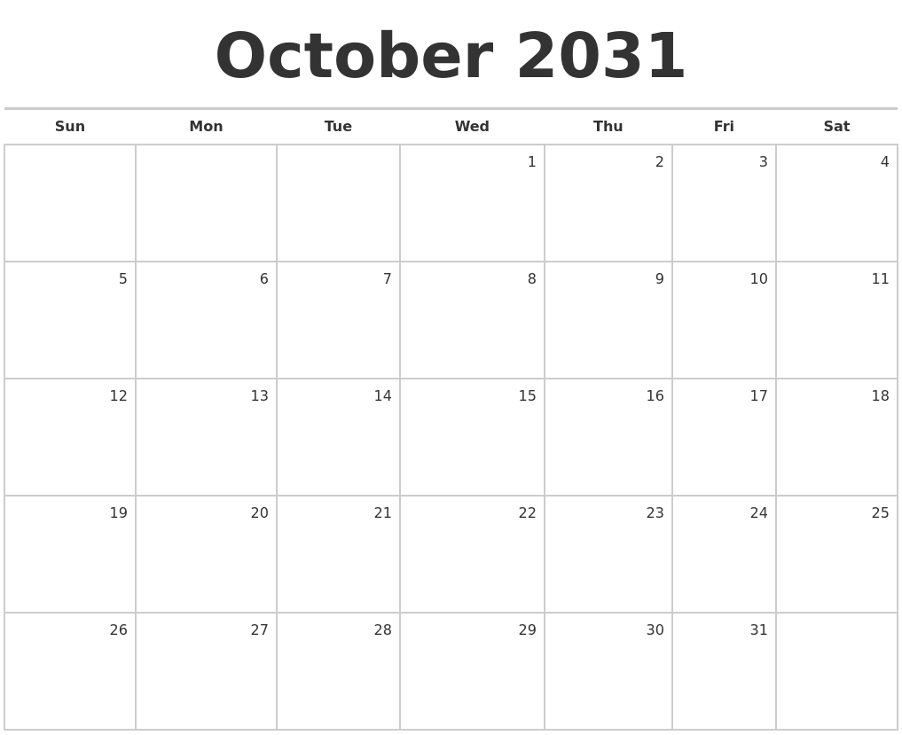 October 2031 Blank Monthly Calendar