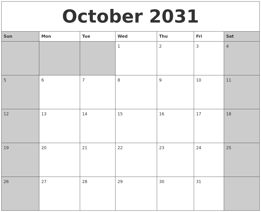 October 2031 Calanders