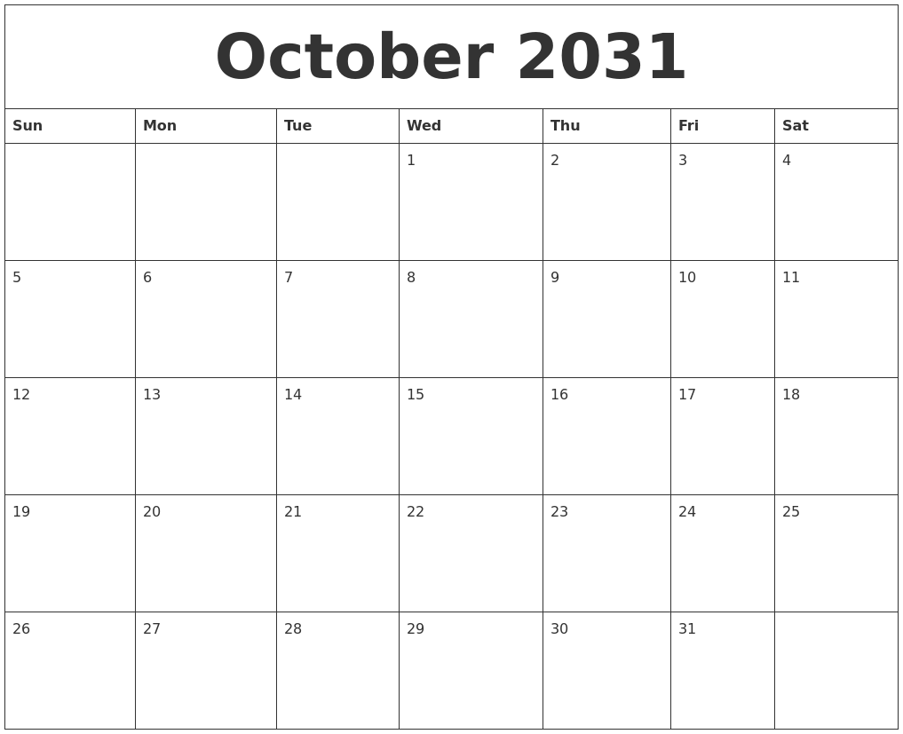 October 2031 Calendar Monthly