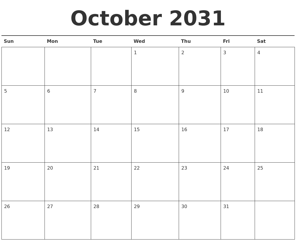 October 2031 Calendar Printable