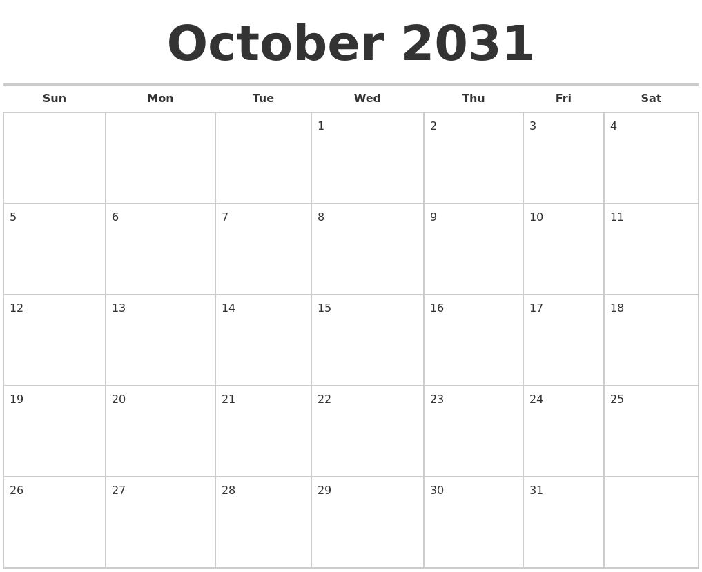 October 2031 Calendars Free
