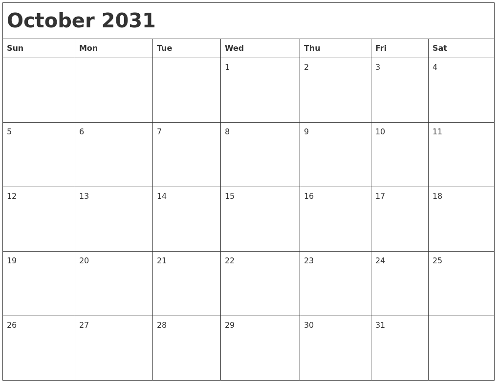October 2031 Month Calendar
