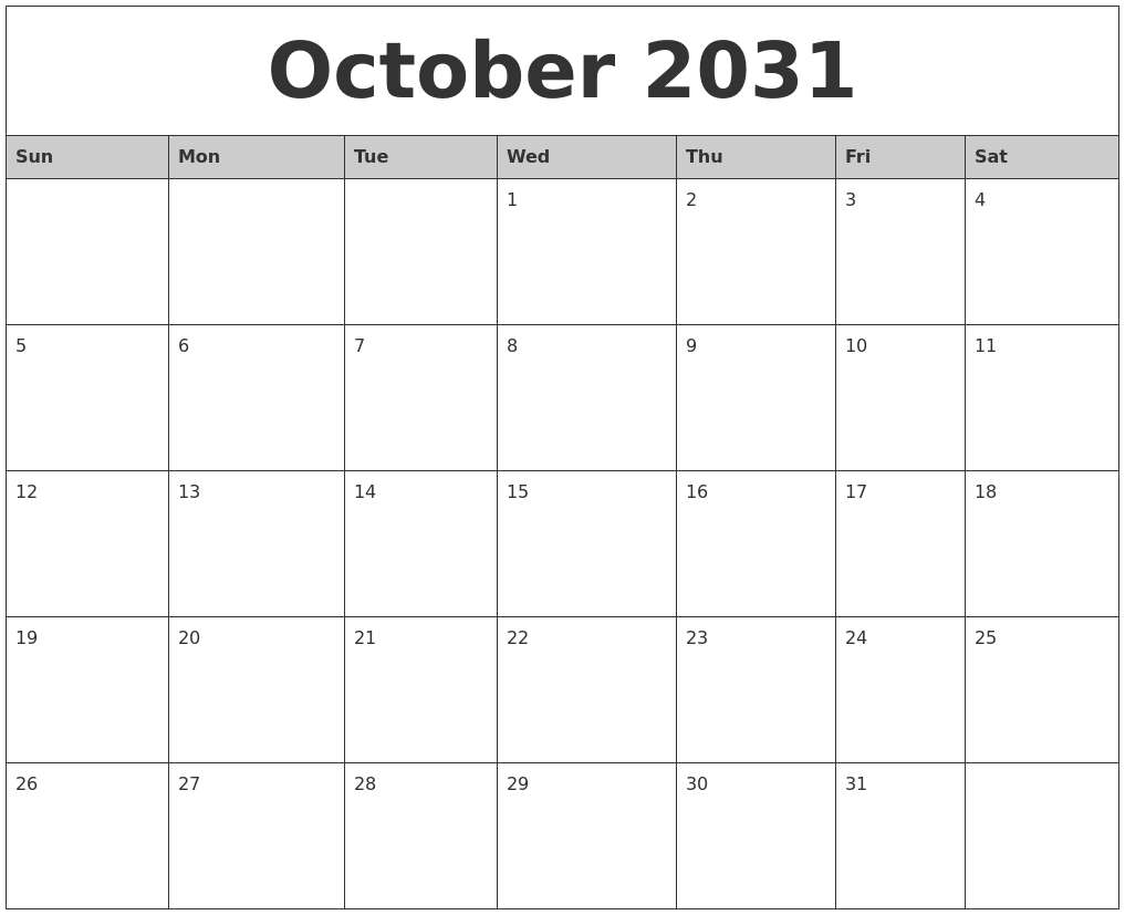 October 2031 Monthly Calendar Printable