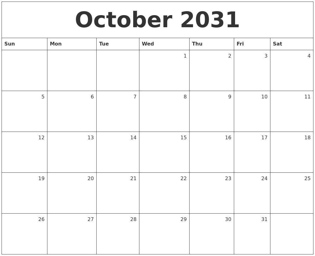 October 2031 Monthly Calendar