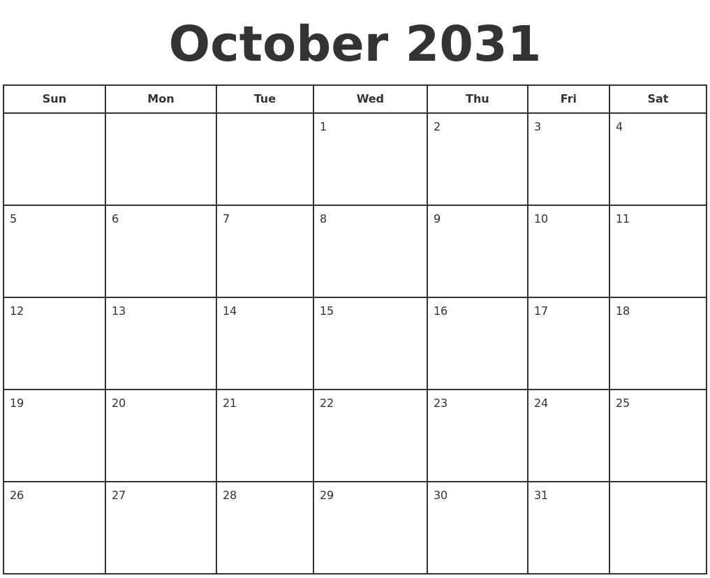 October 2031 Print A Calendar