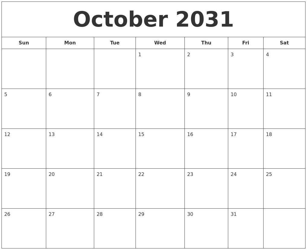 October 2031 Printable Calendar