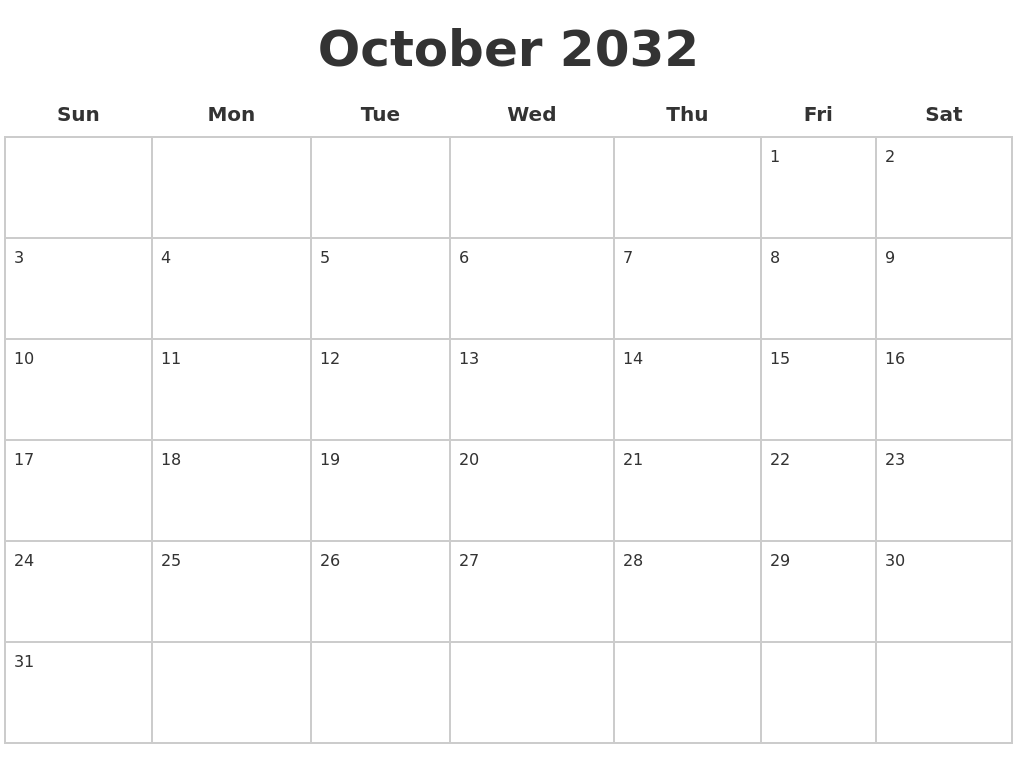 October 2032 Blank Calendar Pages