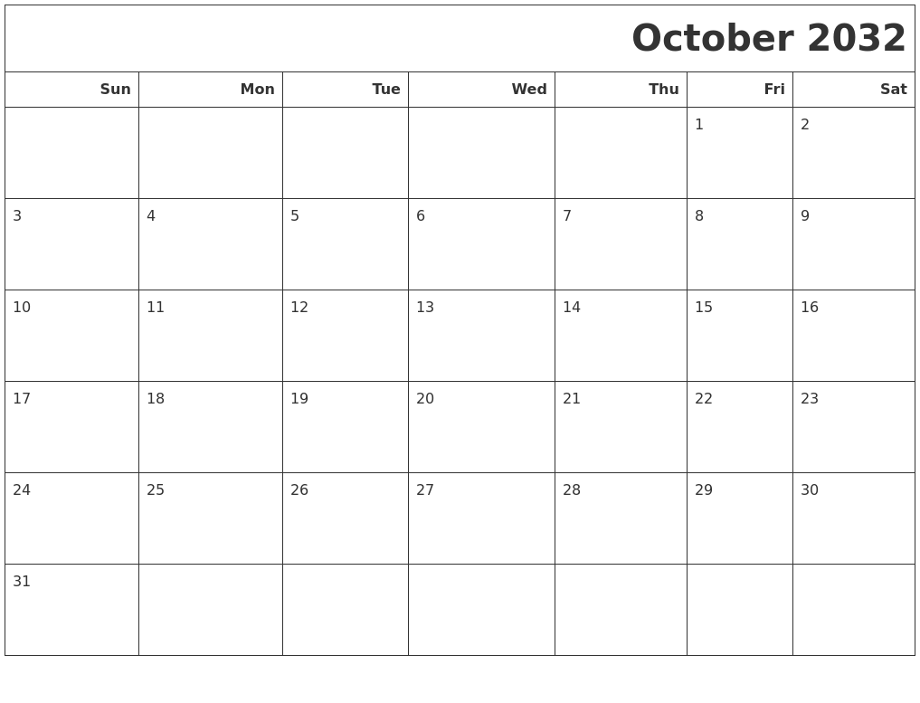 October 2032 Calendars To Print