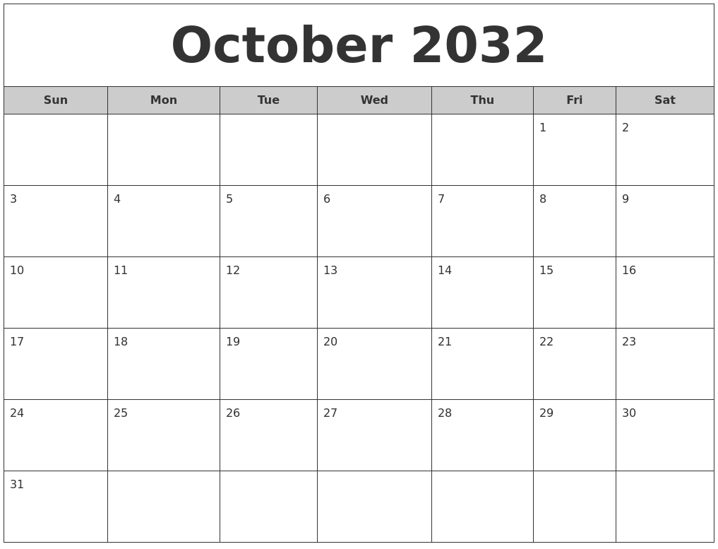 October 2032 Free Monthly Calendar