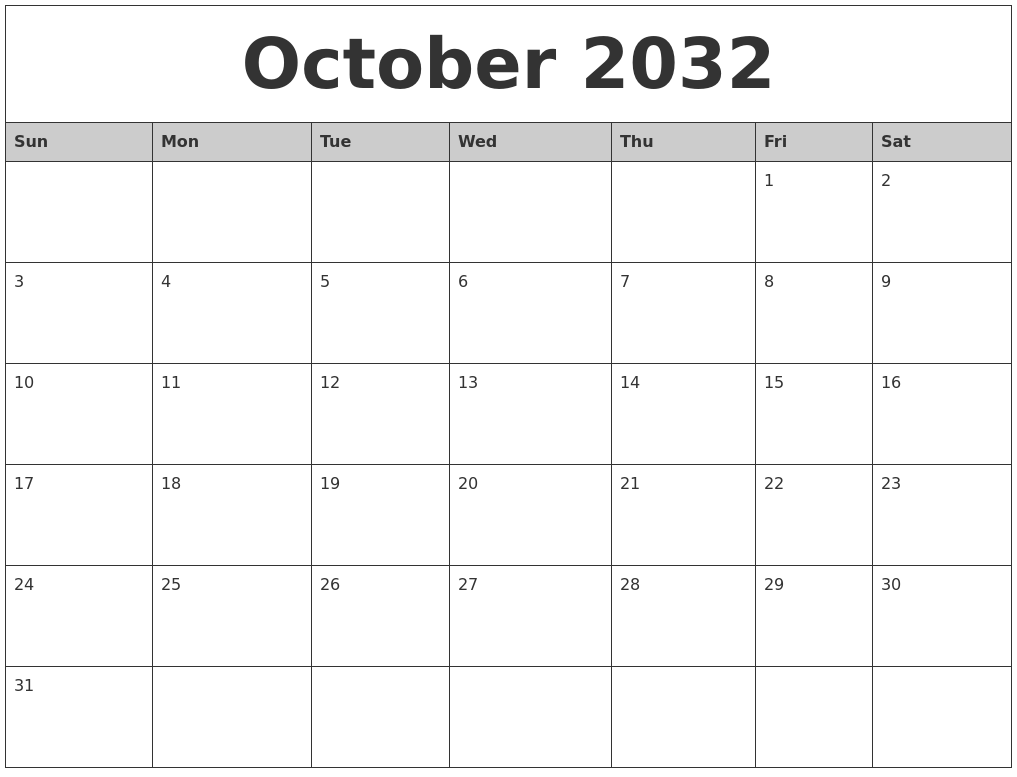 October 2032 Monthly Calendar Printable