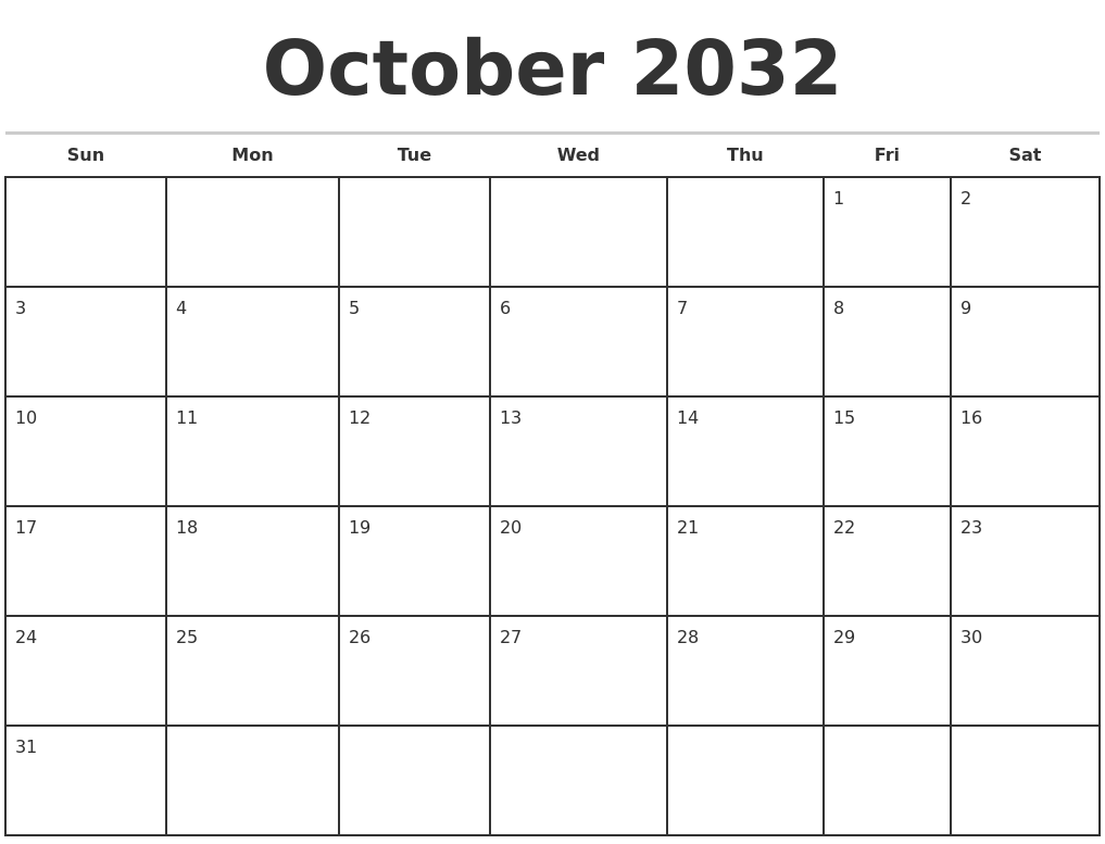 October 2032 Monthly Calendar Template