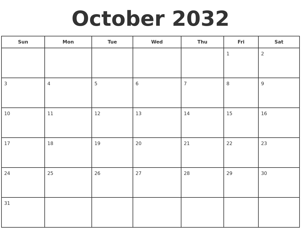October 2032 Print A Calendar