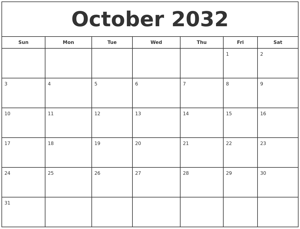 October 2032 Print Free Calendar