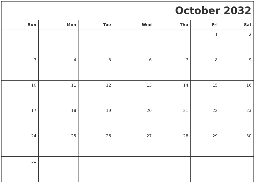 October 2032 Printable Blank Calendar