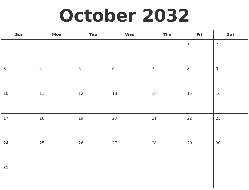October 2032 Printable Calendar