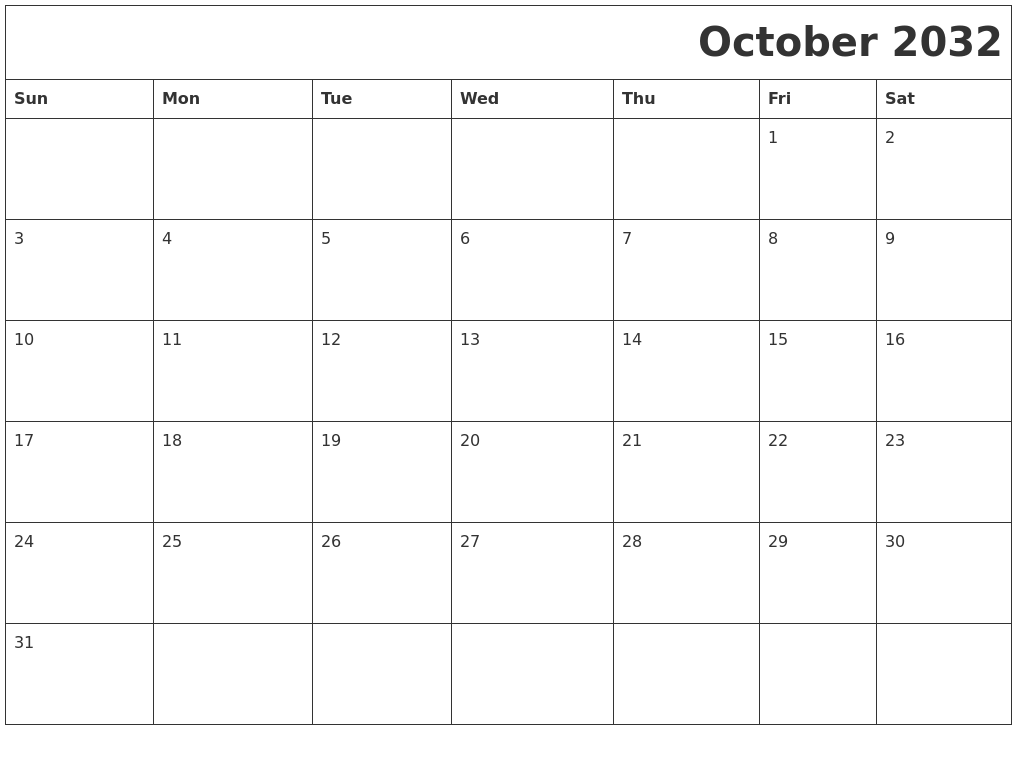 October 2032 Printable Calender