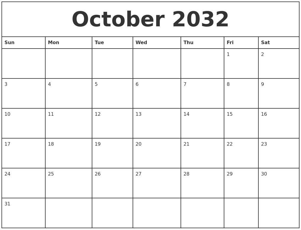 October 2032 Printable Monthly Calendar