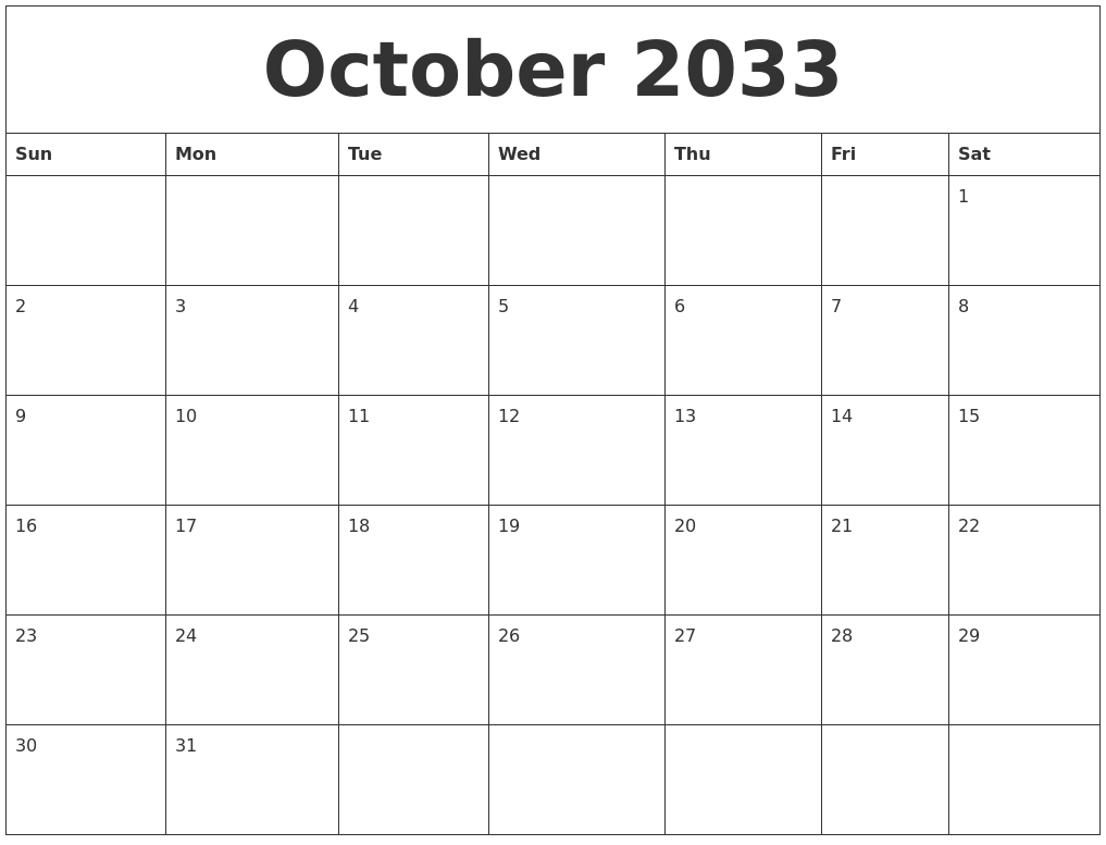 October 2033 Blank Calendar Printable