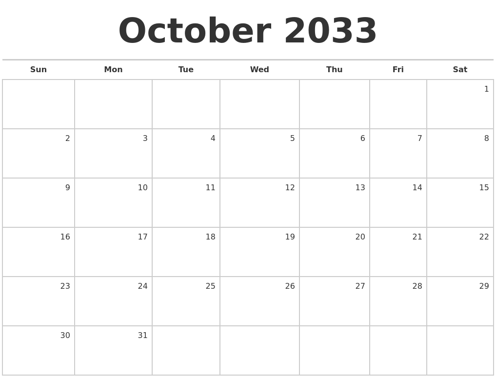 October Month Calendar Printable