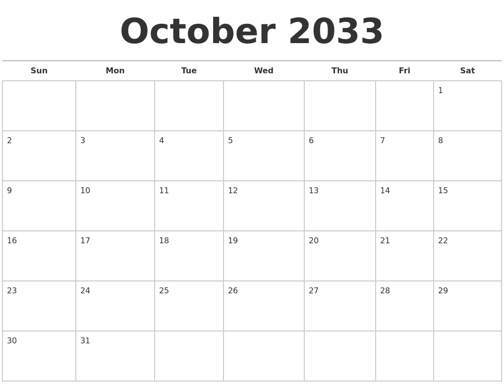 October 2033 Calendars Free
