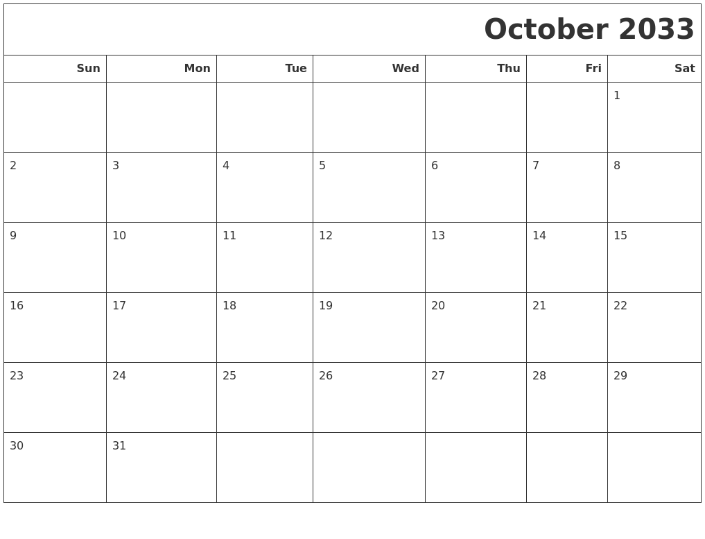 October 2033 Calendars To Print