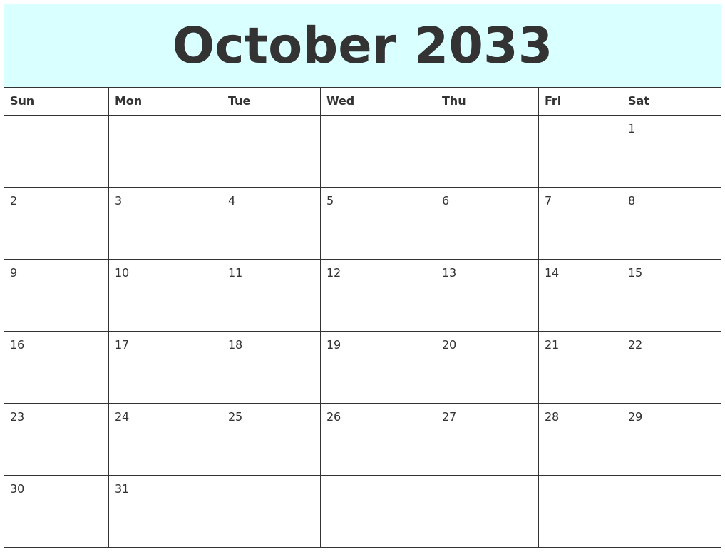 October 2033 Free Calendar