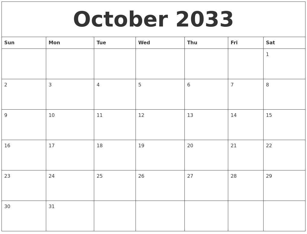 October 2033 Free Monthly Printable Calendar