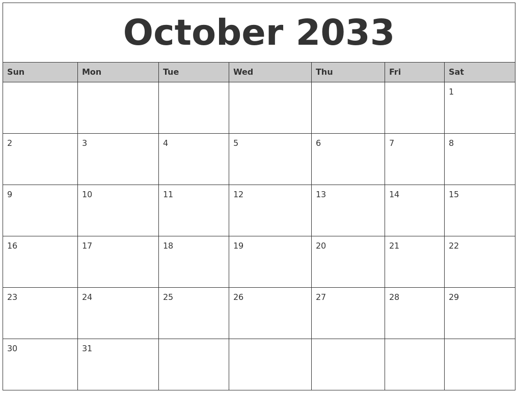 October 2033 Monthly Calendar Printable