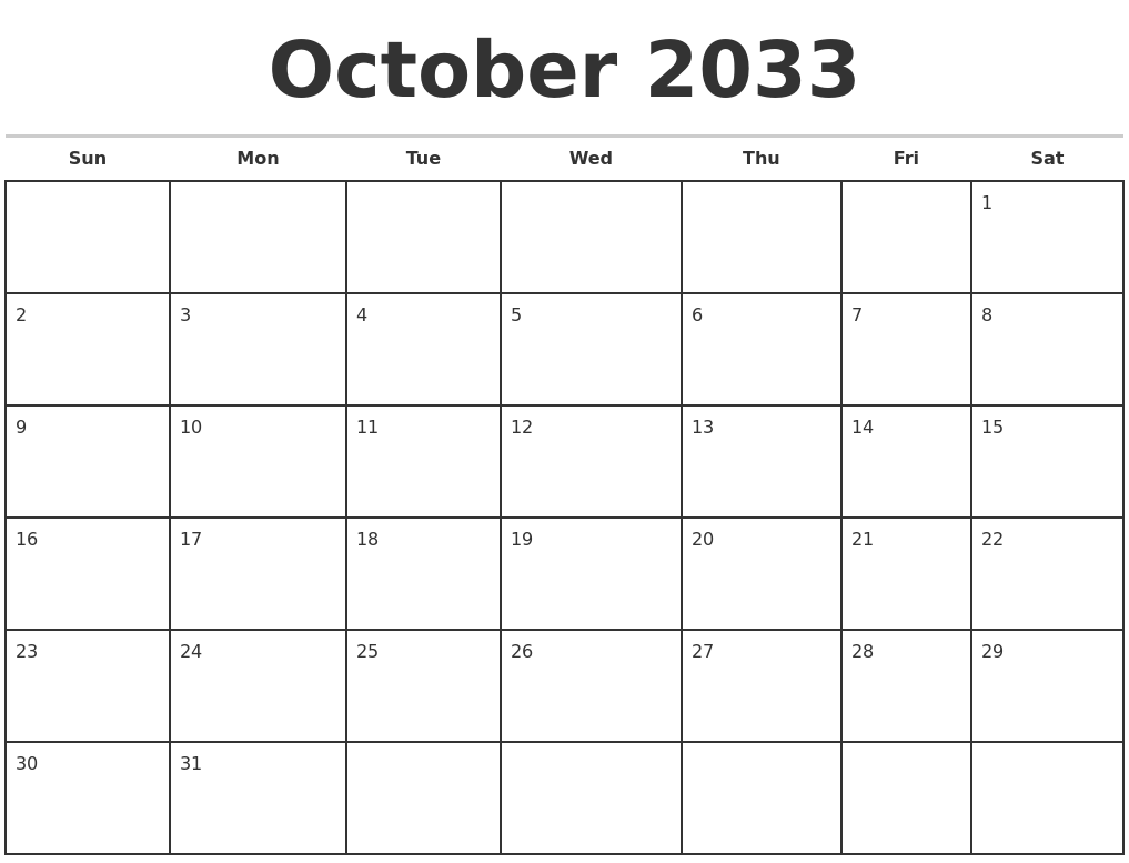 October 2033 Monthly Calendar Template