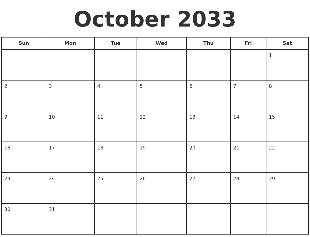 October 2033 Print A Calendar