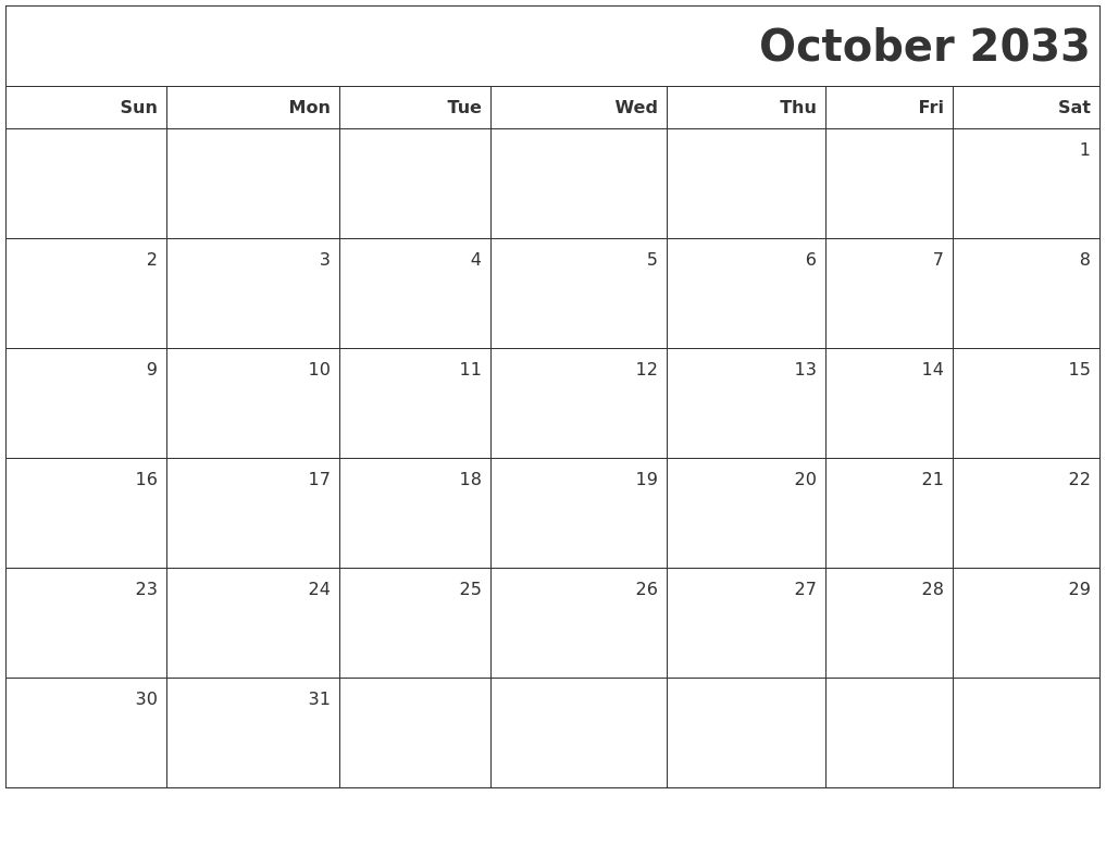 October 2033 Printable Blank Calendar