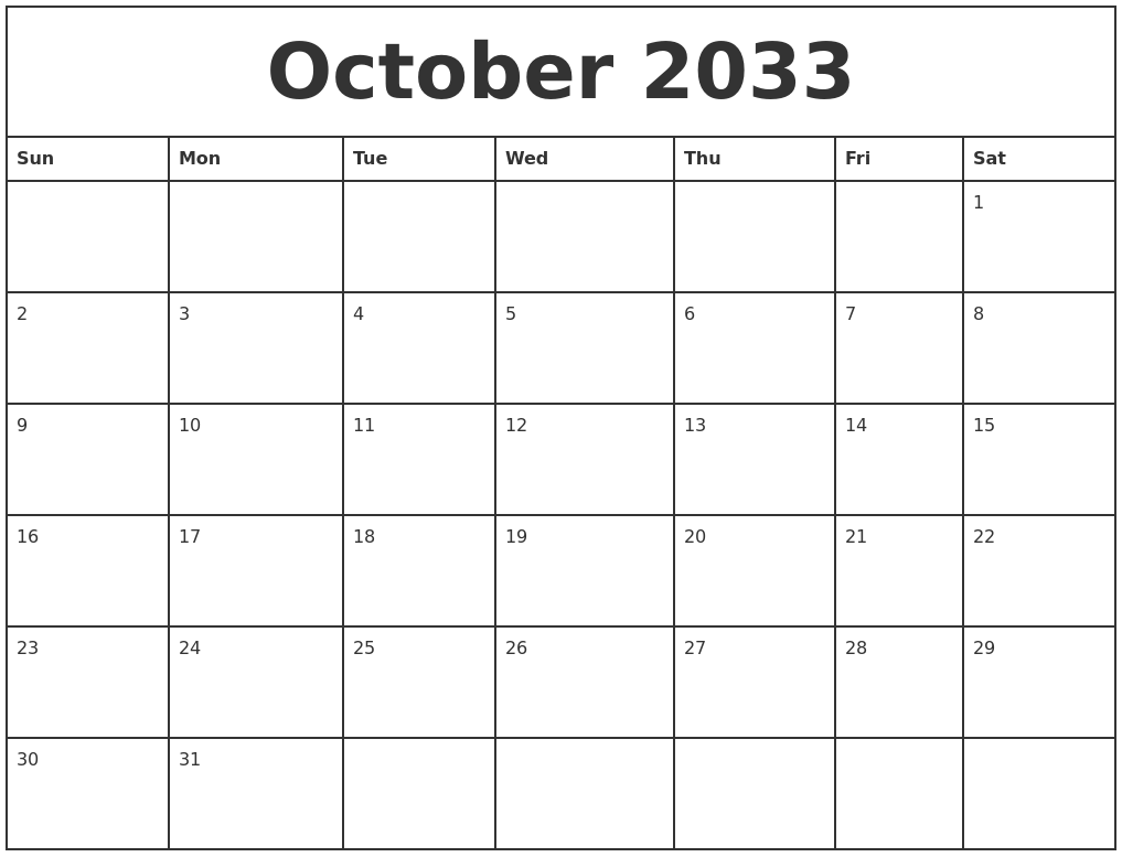 October 2033 Printable Monthly Calendar