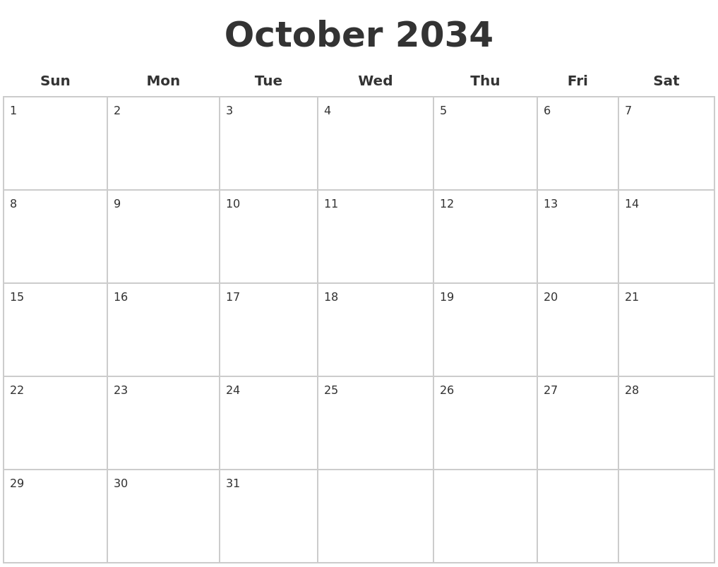 October 2034 Blank Calendar Pages