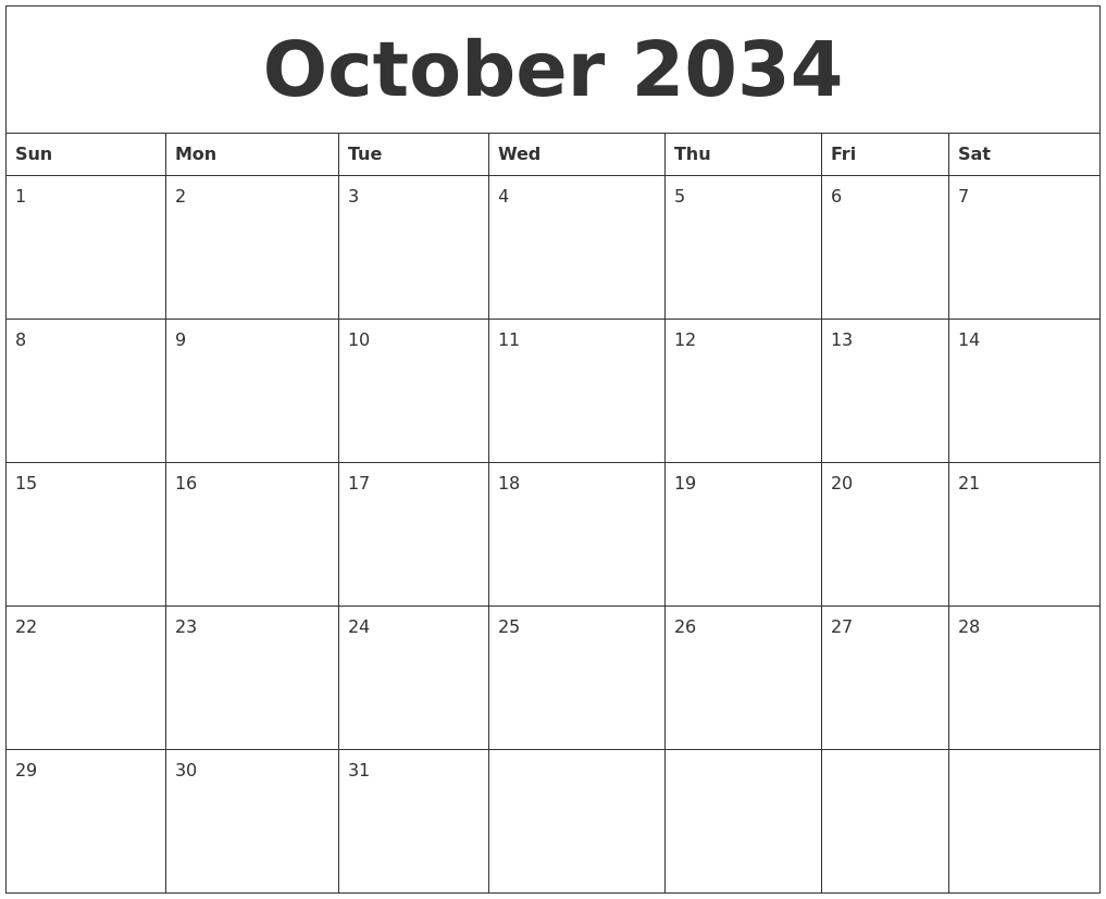 October 2034 Blank Monthly Calendar Pdf