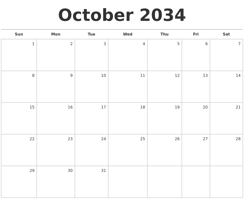 October 2034 Blank Monthly Calendar