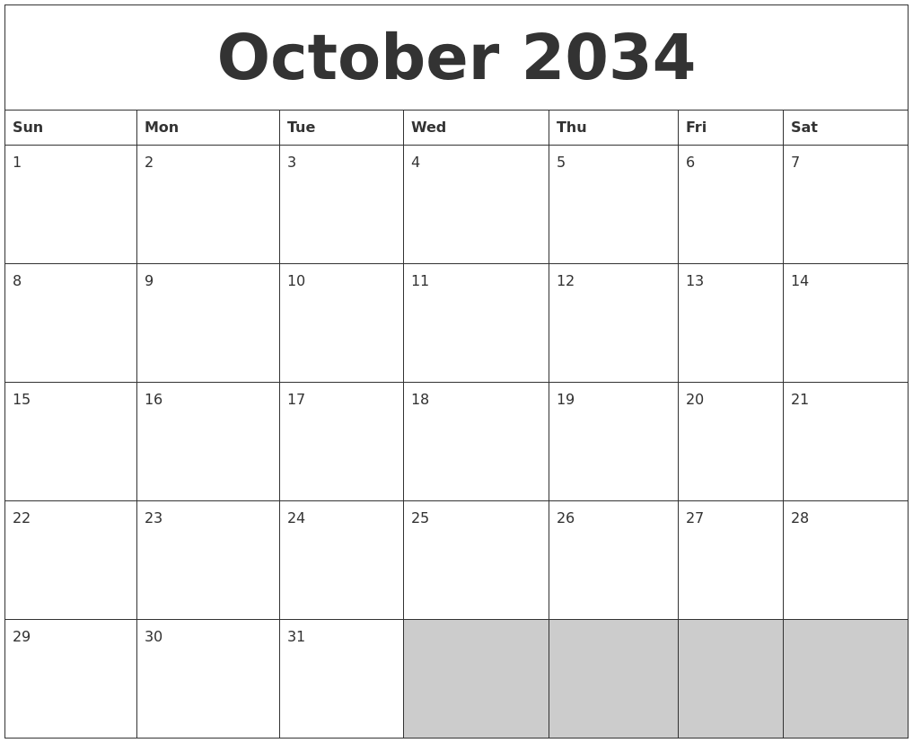 October 2034 Blank Printable Calendar