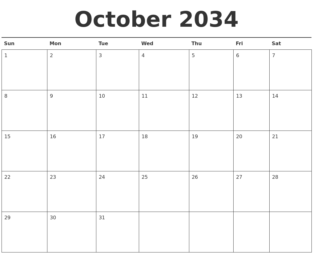October 2034 Calendar Printable
