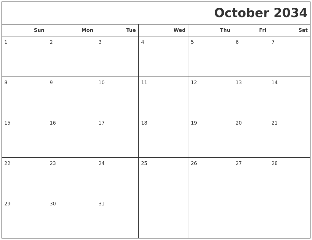 October 2034 Calendars To Print