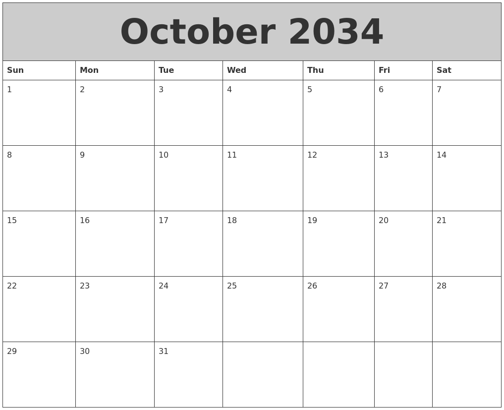 October 2034 My Calendar
