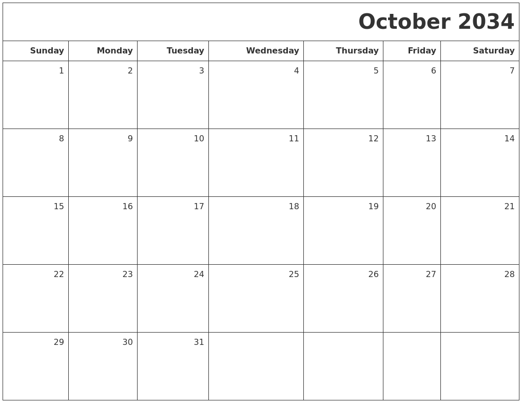 October 2034 Printable Blank Calendar