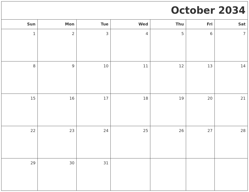 October 2034 Printable Blank Calendar