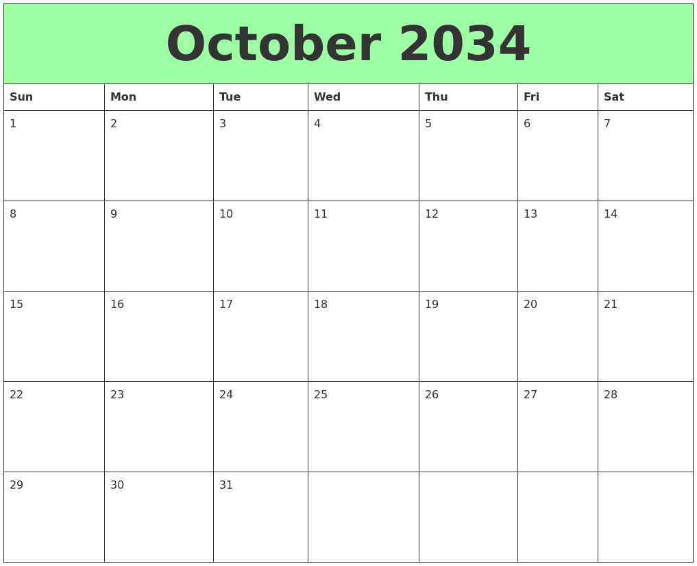 October 2034 Printable Calendars