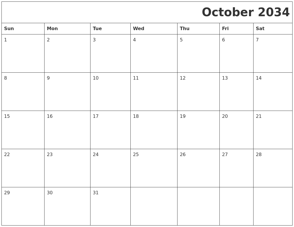 October 2034 Printable Calender