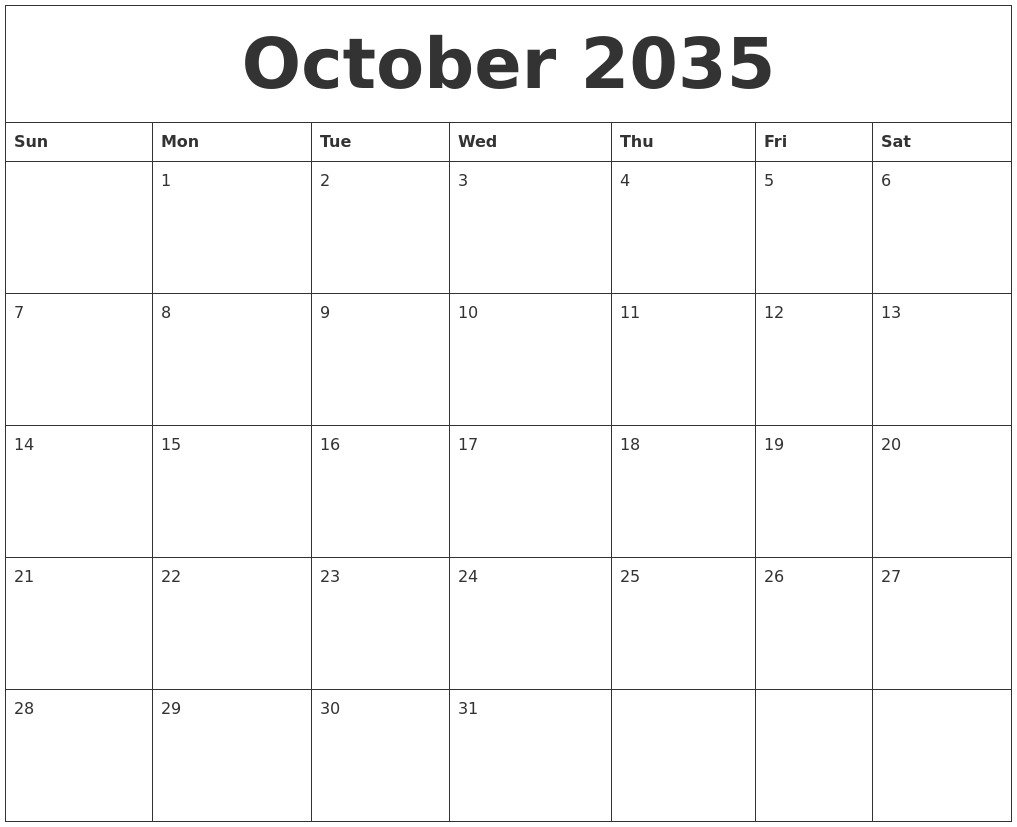 October 2035 Blank Monthly Calendar Pdf