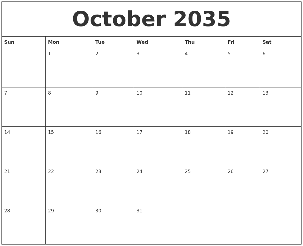 October 2035 Blank Monthly Calendar Template