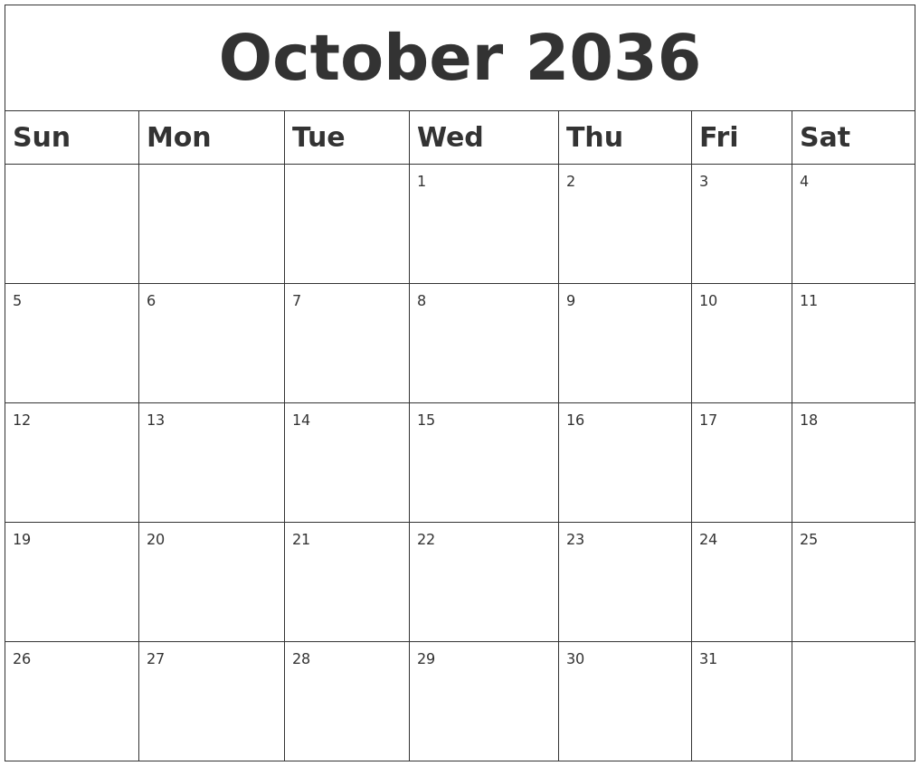 October 2036 Blank Calendar
