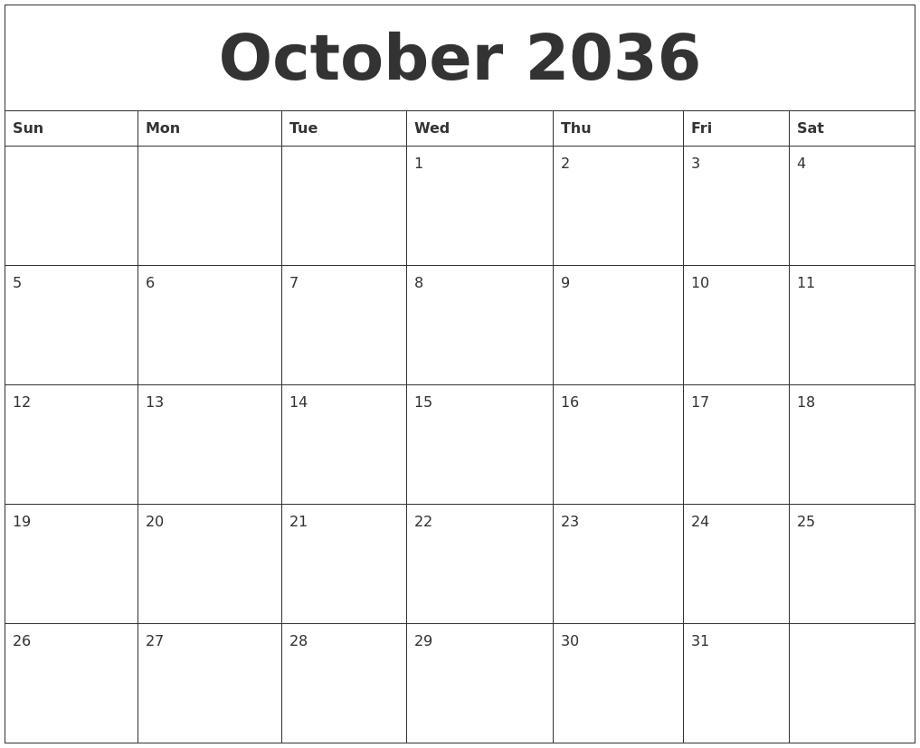 October 2036 Blank Monthly Calendar Template