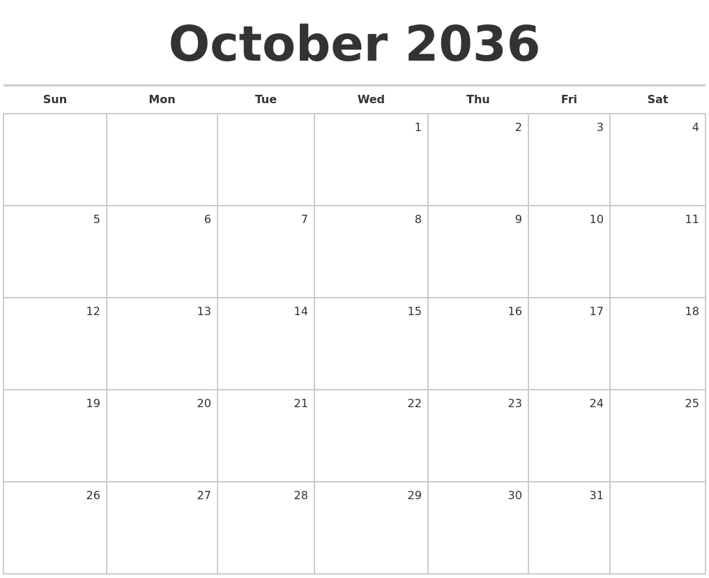 October 2036 Blank Monthly Calendar